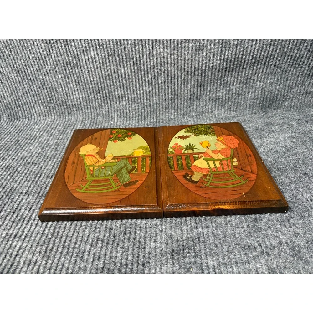 Vintage Folk Art Wood Wall Plaque Set Elderly Couple Rocking Chairs Porch 1980